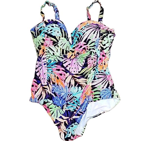 Tahiti Multi Color Leafy Adjustable Strap One Piece Swim Bathing Suit Size 3X - Picture 1 of 8
